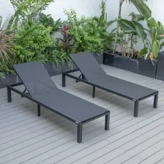 LeisureMod Marlin Patio Sling Chaise Lounge Chair Set of 2 in Black Aluminum, Adjustable and Weather-Resistant for Poolside, Garden, Deck, or Balcony