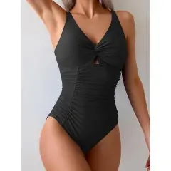 Eomenie One Piece Swimsuit for Women Tummy Control Bathing Suit Ruched Twist Front Swim Suit Cutout Tie Back Swimwear