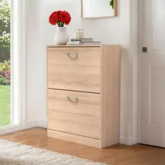 VANIRROR Wooden Shoe Cabinet for Entryway, White Shoe Storage Organizer with 2 Flip Doors, Space-Saving Design, 20.94 x 9.45 x 43.11 Inches