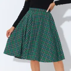 Allegra K Women's Plaid Tartan Skirt High Elastic Waist A-Line Vintage Flare Skirt