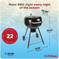 Grill Boss Kettle Charcoal Grill, Porcelain Lid, Large Cooking Area