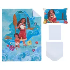 NoJo Disney Moana 2 Ocean Sisters 4 Piece Toddler Bed Set - Comforter, Fitted Bottom Sheet, Flat Top Sheet, Reversible Pillowcase, Aqua, and Orange