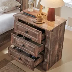 Nightstand with Charging Station & 3 Drawers, Farmhouse 23.6in Wide Nightstands with Roman Column, End Table for Bedroom