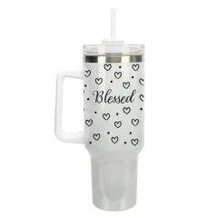 Elanze Designs Blessed Hearts Polka Dots 40 oz. Stainless Steel, Large Water Bottle Coffee Mug, Spill & Leak Resistant, Thermal Travel Tumbler with