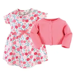 Touched by Nature Baby and Toddler Girl Organic Cotton Dress and Cardigan 2pc Set, Rosebud