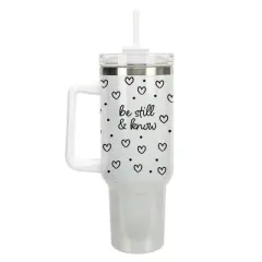 Elanze Designs Be Still & Know Hearts Polka Dots 40 oz. Stainless Steel, Large Water Bottle Coffee Mug, Spill & Leak Resistant, Thermal Travel Tumbler