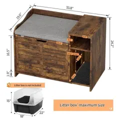 2-in-1 Hidden Litter Box Enclosure Furniture Cabinet, Wooden Pet House Side End Table with Storage&Cushion