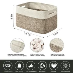 Aoibox Woven Cotton Rope Storage Baskets for Organizing Foldable Decorative Brown Rectangle with Handles 3 Pack
