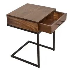 Mango Wood Side Table with Drawer and Cantilever Iron Base Brown/Black - The Urban Port