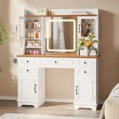 Vanity Desk with LED Lighted Mirror, Makeup Vanity Table with 5 Drawers, 4 Doors, and 3 Storage Shelves for Bedroom, Dressing Room