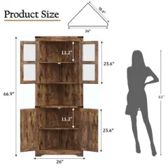 67" Tall Corner Storage Cabinet with Lights, Farmhouse Corner Hutch Display Cabinet with Glass Doors