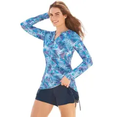 Swim 365 Women&rsquo;s Plus Size Split-Neck Long Sleeve Swim Tee with Built-In Bra