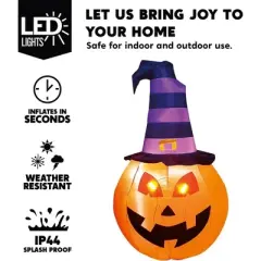 Joyfy 5 FT Halloween Inflatables Outdoor Decorations, Pumpkin Inflatable with Witch Hat, Built-in LEDs for Halloween Party Yard Garden Lawn Decoration