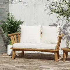 Solano Outdoor Wooden Loveseat with Cushions - White/Teak - Christopher Knight Home