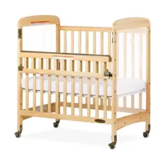 Child Craft Avery SafeAccess Wooden Compact Portable Crib, 2 Easy Roll Locking Wheels, Durable Wood Construction, Fits Through Doorways (Natural)