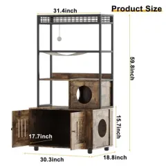 Litter Box Enclosures with Metal Frame, Indoor Tall Cat Litter Box Furniture Hidden with Storage Shelf, Retro Brown