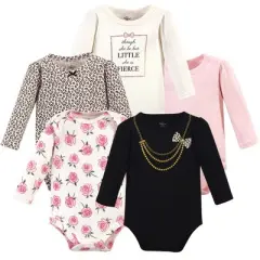 Little Treasure Baby Girl Cotton Long-Sleeve Bodysuits 5pk, Leopard Necklace