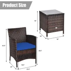 Tangkula 3-Piece Patio Wicker Rattan Furniture Set Conversation Sofa Set with Coffee Table Navy
