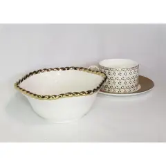 Simplicity Collection Ceramic White Round Bowl Gold Accent Rope Rim 6.5"