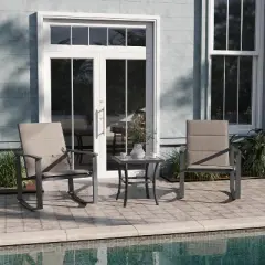 Emma and Oliver 3 Piece Outdoor Rocking Chair Patio Set with Flex Comfort Material and Metal Framed Glass Top Table