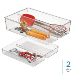 iDESIGN Linus Kitchen Drawer Organizer for Kitchen Utensils and Tools Clear: Plastic Storage, 12" x 8" x 3", Hand Wash