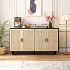 62.20"Rattan Storage Cabinet, Modern Wooden Buffet Cabinet With 4 Doors Adjustable Shelves, Accent Sideboard Storage Cabinet For Living Room Hallway