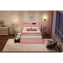 Queen Size Kids Bed Frame for Girls, Boucle Upholstered Platform Bed with Bookcase Headboard & Storage Drawers, No Box Spring Needed, Pink