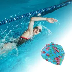 Unique Bargains Polyester Peony Flower Pattern Swim Cap 5.91"x9.25" Lake Blue Red 1 Pc