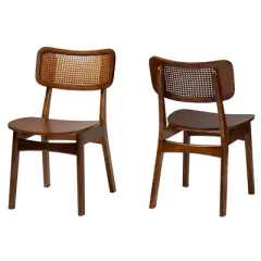 Baxton Studio 2pc Tafari Wood and Rattan Dining Chair Set Walnut Brown/Light Brown: Rubberwood Frame, MDF, Spot Clean
