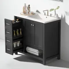 36" Bathroom Vanity with Right-Side Ceramic Sink, 2 Drawers, 2-Door Cabinet, Painted MDF, Freestanding Modern Design
