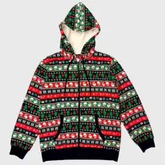 Men's Santa Fair Isle Sherpa Graphic Zip-Up Sweatshirt - Black