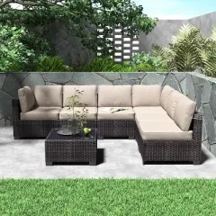 7-Piece Patio Furniture Set, Outdoor Sectional Sofa w/ Dining Table & Thick Cushions, All-Weather PE Wicker for Garden, Deck, Lawn