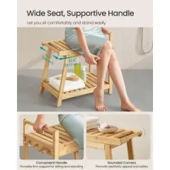 SONGMICS Bamboo Shower Bench with Storage Shelf, Water Resistant Shower Stool with Handle and Hooks, Shower Head Holder, Non-Slip Feet, Natural Beige