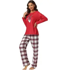 cheibear Christmas Elk Print Tops with Plaid Pants Xmas Sleepwear Family Pajama Set