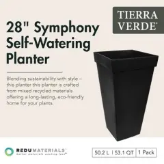 Tierra Verde Self Watering Symphony Square Planter, 15" Wide x 28" Tall, Black