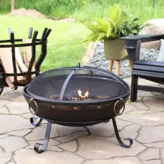 Sunnydaze Outdoor Camping or Backyard Steel Victorian Fire Pit Bowl with Handles and Spark Screen - 25" - Black