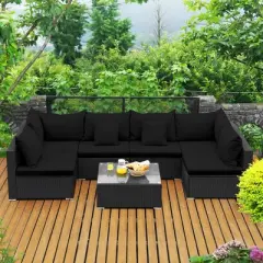 Costway 7PCS Patio Rattan Sofa Set Sectional Conversation Furniture Set Garden Black