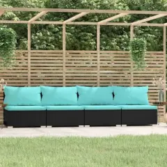 vidaXL Black Patio Furniture Poly Rattan - Blue Cushions -4 Seats