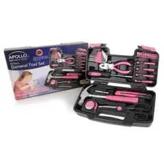 Apollo Tools 39pc DT9706P General Tool Set Pink: Pliers, Screwdriver, Chrome-Plated, Do It Herself Kit, Carrying Case