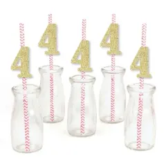 Big Dot of Happiness Gold Glitter 4 Party Straws - No-Mess Real Gold Glitter Cut-Out Numbers & Decorative 4th Birthday Party Paper Straws - Set of 24
