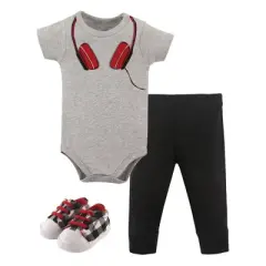 Little Treasure Baby Boy Cotton Bodysuit, Pant and Shoe 3pc Set, Headphones