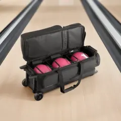 VEVOR Bowling Ball Bag, 3 Ball Double Roller Bowling Bag with Wheels, Featuring a Separate Compartment for Shoes (Up To US Size 16), Black