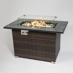 44" Propane Gas Fire Pit Table, 50000 BTU Rectangular Fire Pit, Tile Tabletop with Beautiful Wicker Base for Outside Patio Deck Garden Courtyard-Brown