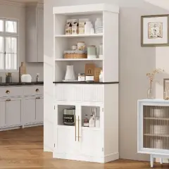 Kitchen Pantry Cabinet, 70" Tall Storage Cabinets with Drawer & 2 Glass Doors and 3 Shelves, Floor Cabinet for Kitchen, Office, Living Room, Bathroom