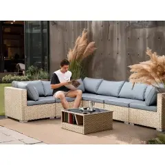 Gulches Grey 7-Piece Patio Furniture Set All-Weather Boho Outdoor Conversation Set Sectional Sofa with Water Resistant Thick Cushions