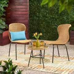 Christopher Knight Home Spinnaker Boho Outdoor Wicker and Tempered Glass 3 Piece Chat Set, Light Brown/Black