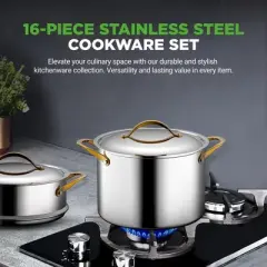 NutriChef 16pc Clad Kitchen Cookware Set with Golden PVD Handles and Non-Stick Coating - NCSTS16
