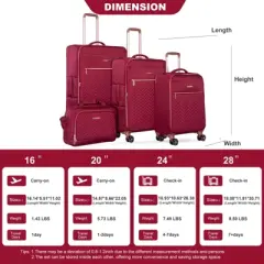 SEVOBAL Luggage 4 Piece Set Softshell Suitcase with Spinner Wheels for Travel Convenience, Red, 18.91"*12.21"*31.32"