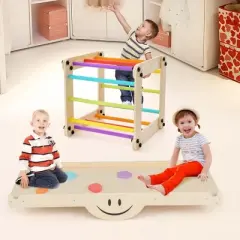 Costway Wooden Climbing Toys for Toddlers Jungle Gym with Reversible Ramp, Seesaw, Climber Colorful