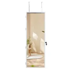 VECELO Mirrored Jewelry Cabinet Wall, Door Mounted Jewelry Organizer with LED Lights and Lockable Full Length Mirror, White